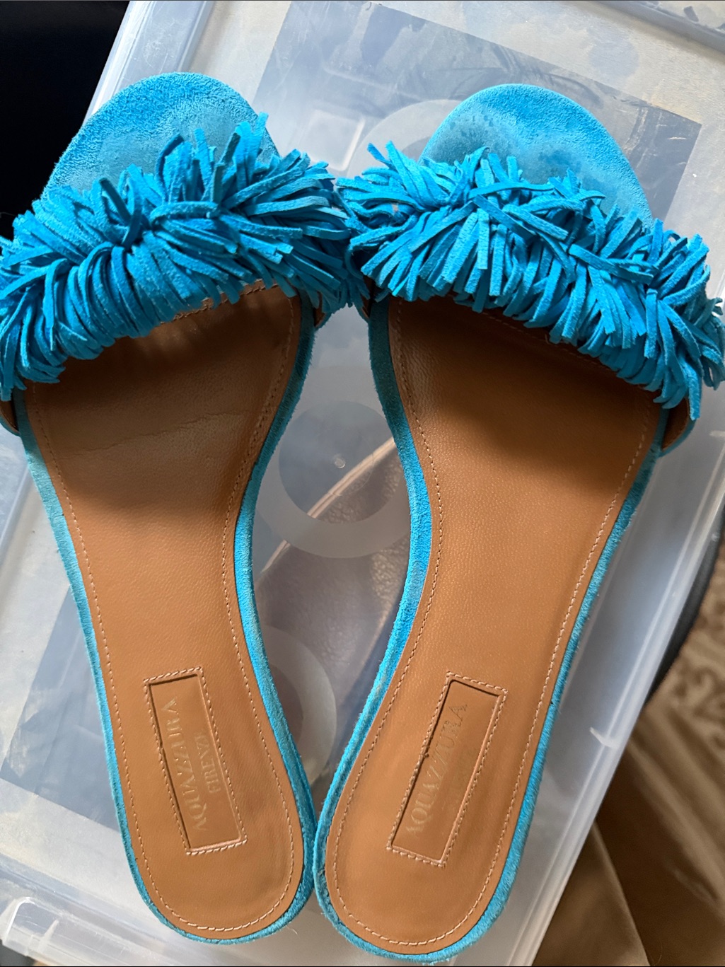 Aquazzura Turquoise Suede Fringe Slide Mules — image 2 of 4